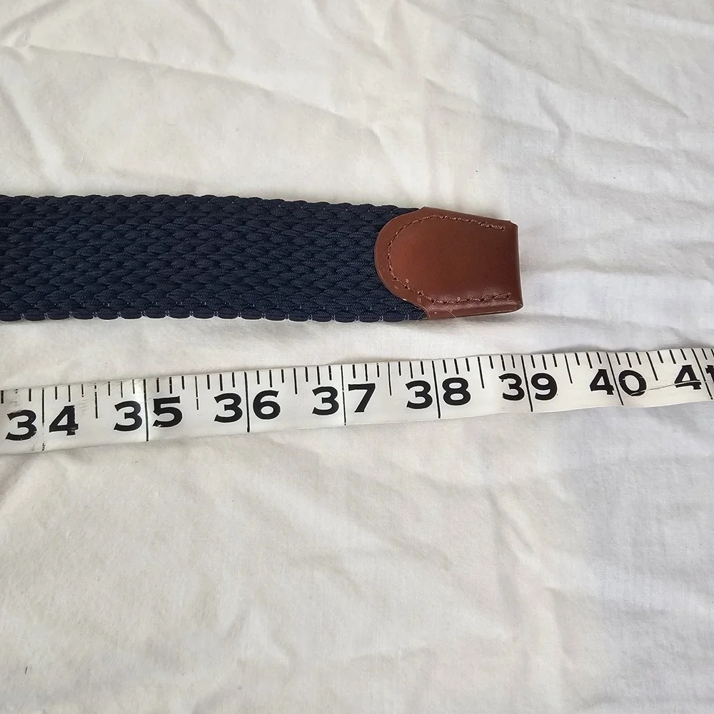 TOMMY BAHAMA Mens S M Braided Cotton Woven Blue Leather Trim Belt Silver Work